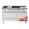 ILVE Nostalgie II 60 inch Propane Gas Range with 10 Sealed Burners, Griddle with Triple Glass Door in RAL with Brass Trim