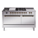 ILVE Nostalgie II 60-Inch  Propane Gas Dual Fuel Range  with 7 Burners, Griddle, & French Top with Solid Door Oven in Stainless Steel with Bronze Trim (UP60FSQNMPSSB)