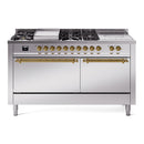 ILVE Nostalgie II 60-Inch Dual Fuel Range with 7 Burners, Griddle, & French Top with Solid Door Oven in Stainless Steel with Brass Trim (UP60FSQNMPSSG)