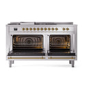 ILVE Nostalgie II 60-Inch  Propane Gas Dual Fuel Range  with 7 Burners, Griddle, & French Top with Solid Door Oven in Stainless Steel with Brass Trim (UP60FSQNMPSSG)