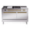 ILVE Nostalgie II 60-Inch Dual Fuel Range with 7 Burners, Griddle, & French Top with Solid Door Oven in Stainless Steel with Brass Trim (UP60FSQNMPSSG)