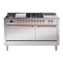 ILVE Nostalgie II 60-Inch  Propane Gas Dual Fuel Range  with 7 Burners, Griddle, & French Top with Solid Door Oven in Stainless Steel with Copper Trim (UP60FSQNMPSSP)