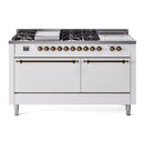 ILVE Nostalgie II 60-Inch 3.5 + 2.3 Cu. Ft. Propane Gas Dual Fuel Range with 7 Burners, Griddle, French Top and Solid Door Oven in White with Bronze Trim (UP60FSQNMPWHBLP)