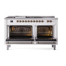 ILVE Nostalgie II 60-Inch Dual Fuel Range with 7 Burners, Griddle, & French Top with Solid Door Oven in White with Bronze Trim (UP60FSQNMPWHB)