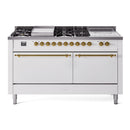 ILVE Nostalgie II 60-Inch  Propane Gas Dual Fuel Range  with 7 Burners, Griddle, & French Top with Solid Door Oven in White with Brass Trim (UP60FSQNMPWHG)