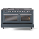 ILVE 60-Inch Professional Plus II Freestanding Dual Fuel Range with 7 Gas Burner and Removable Griddle in Blue Grey (UP60FSWMPBG)