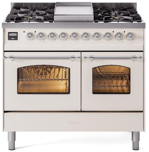 ILVE Nostalgie II 40-Inch Dual Fuel Freestanding Range  with Removable Griddle in Antique White with Chrome Trim (UPD40FNMPAWC)