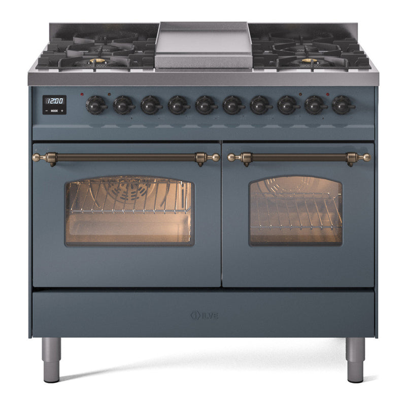 ILVE Nostalgie II 40-Inch Dual Fuel Freestanding Range with Removable Griddle in Blue Grey with Bronze Trim (UPD40FNMPBGB)