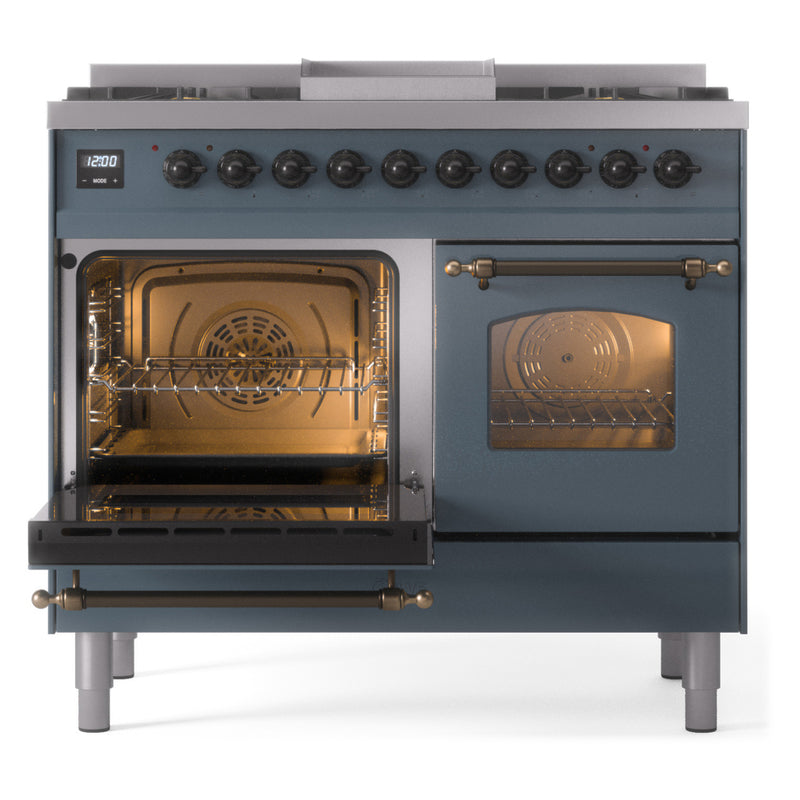 ILVE Nostalgie II 40-Inch Dual Fuel Freestanding Range with Removable Griddle in Blue Grey with Bronze Trim (UPD40FNMPBGB)