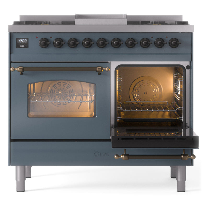 ILVE Nostalgie II 40-Inch Dual Fuel Freestanding Range with Removable Griddle in Blue Grey with Bronze Trim (UPD40FNMPBGB)