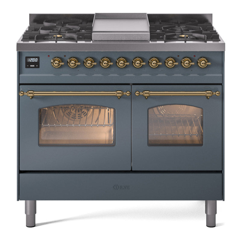 ILVE Nostalgie II 40-Inch Dual Fuel Freestanding Range with Removable Griddle in Blue Grey with Brass Trim (UPD40FNMPBGG)