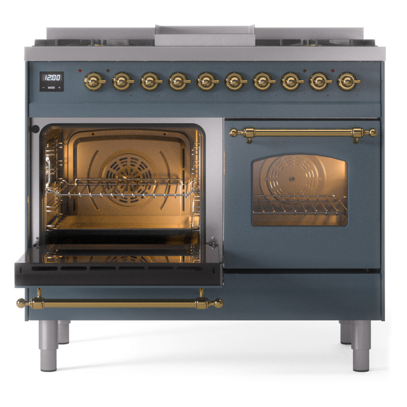 ILVE Nostalgie II 40-Inch Dual Fuel Freestanding Range with Removable Griddle in Blue Grey with Brass Trim (UPD40FNMPBGG)