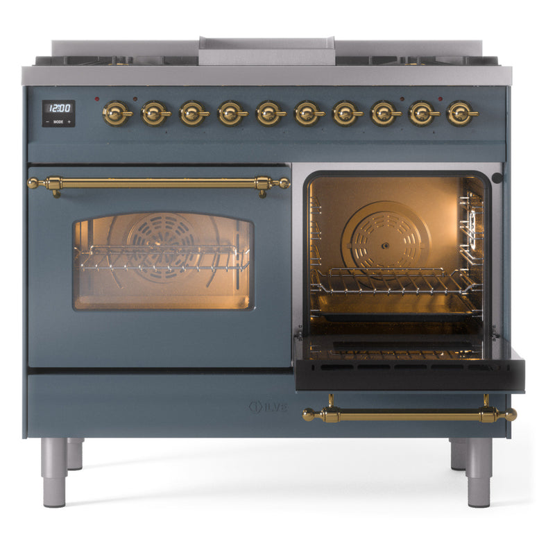 ILVE Nostalgie II 40-Inch Dual Fuel Freestanding Range with Removable Griddle in Blue Grey with Brass Trim (UPD40FNMPBGG)