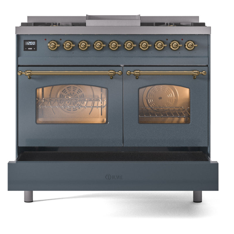 ILVE Nostalgie II 40-Inch Dual Fuel Freestanding Range with Removable Griddle in Blue Grey with Brass Trim (UPD40FNMPBGG)