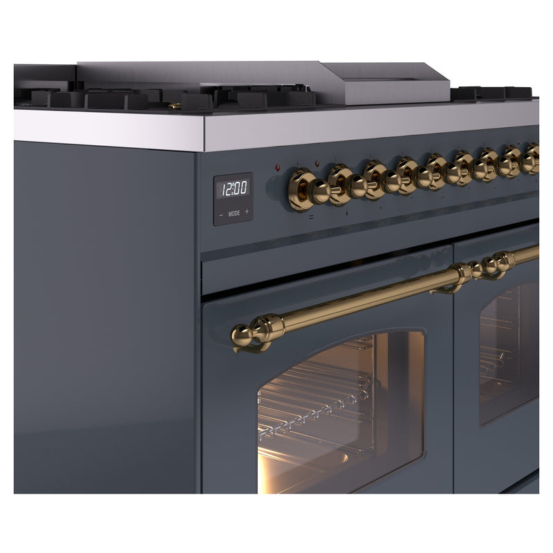 ILVE Nostalgie II 40-Inch Dual Fuel Freestanding Range with Removable Griddle in Blue Grey with Brass Trim (UPD40FNMPBGG)