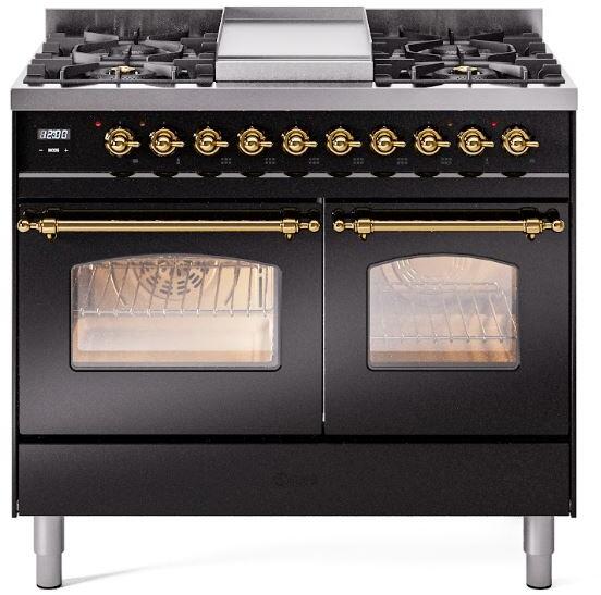 ILVE Nostalgie II 40-Inch Dual Fuel Freestanding Range with Removable Griddle in Glossy Black with Brass Trim (UPD40FNMPBKG)