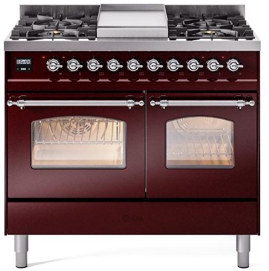 ILVE Nostalgie II 40-Inch Dual Fuel Freestanding Range with Removable Griddle in Burgundy with Chrome Trim (UPD40FNMPBUC)