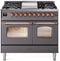 ILVE Nostalgie II 40-Inch Dual Fuel Freestanding Range with Removable Griddle in Matte Graphite with Copper Trim (UPD40FNMPMGP)