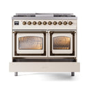 Antique white dual fuel range with bronze knobs and two closed triple glass oven doors