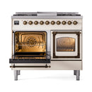 Antique white dual fuel range with left oven open and right triple glass door closed