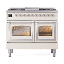 Antique white dual-fuel range with two glass oven doors and racks visible through windows