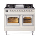 Antique white range with black cooktop griddle and four burner caps