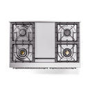 Underside view of range cooktop with four burner openings and center panel