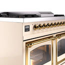 Antique white dual fuel gas range control panel with brass knobs and side oven window