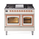 Antique white dual fuel range with copper trim, twin ovens open, gas burners on top