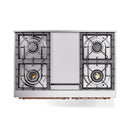 Antique white dual fuel range cooktop with four gas burners and cast-iron grates