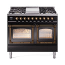 Glossy black dual fuel range with bronze-trim control knobs and two windowed oven doors
