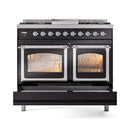 Glossy black dual fuel range with two oven windows and chrome control knobs