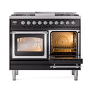 Dual fuel range with two oven doors open and racks visible through glass windows