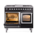 Black dual fuel range with left oven open and right oven window with rack inside