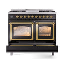Nostalgic dual fuel range with brass door handles and two glass oven doors