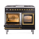 Dual fuel range with left oven door open, brass interior rack, right door closed