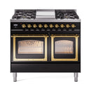 Glossy black dual fuel range with brass trim; two oven doors with triple glass windows