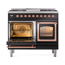 Black dual-fuel range with left oven door open and racks visible; right oven door closed