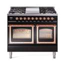 Glossy black dual-fuel range with copper trim, two oven windows, and gas burner knobs