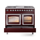 Burgundy dual fuel range with chrome knobs, cooktop burners, and double glass oven doors closed