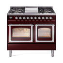 Burgundy dual fuel range with chrome knobs, sealed cooktop burners, and double glass oven doors