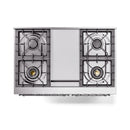 Burgundy dual fuel range cooktop base with two visible burners and central cover panel