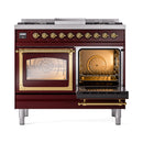 Burgundy dual oven range with brass trim; left oven glass door, right open oven