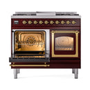 Dual-fuel gas range with one oven door open and brass accents, other oven closed