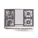 Dual-fuel gas range back panel with four gas burners and central vent cover, metal finish