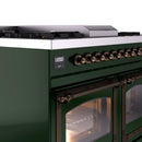 Emerald green dual fuel range control panel with bronze knobs and oven door window