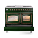 Emerald green dual fuel range with two oven doors and bronze control knobs