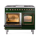 Emerald green dual fuel gas range with one oven door open, bronze-trimmed glass window