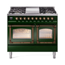 Emerald green dual fuel gas range with both oven doors open, bronze-trimmed glass fronts