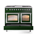 Emerald green dual fuel range with chrome trims and two glass oven doors